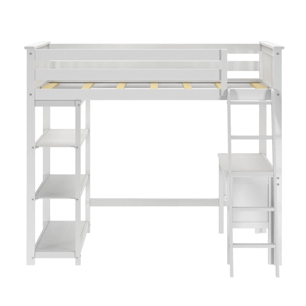 White wooden loft bed with integrated shelves and ladder, ideal for saving space in small bedrooms.