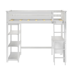 White wooden loft bed with integrated shelves and ladder, ideal for saving space in small bedrooms.