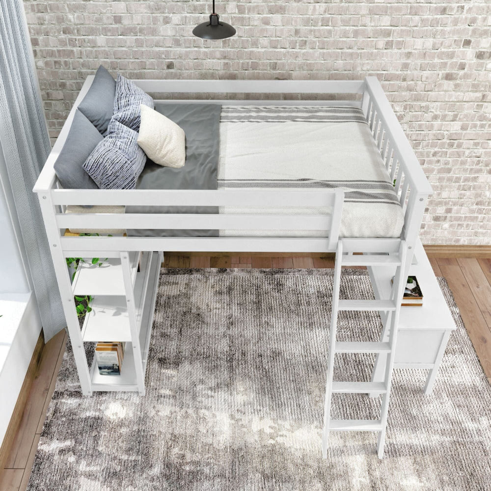 White loft bed with ladder and built-in shelving, modern bedroom decor.