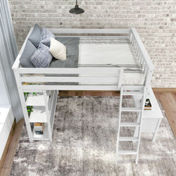 White loft bed with ladder and built-in shelving, modern bedroom decor.