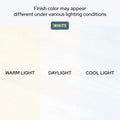 White finish color comparison showing three swatches under warm light, daylight, and cool light with heading "Finish color may appear different under various lighting conditions