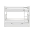 White wooden bunk bed with safety rails, integrated ladder and built-in under-bed storage drawer for kids' bedrooms