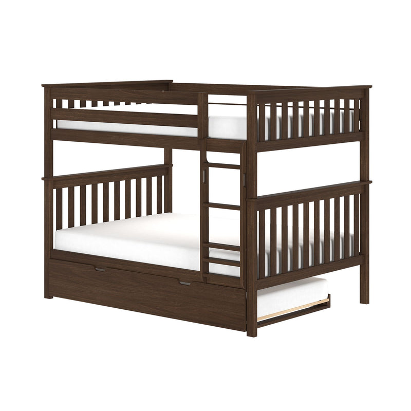 Dark brown wooden twin-over-full bunk bed with ladder, slatted guardrails, and under-bed storage drawer