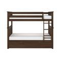 Dark brown wooden twin-over-full bunk bed with ladder, under-bed storage drawers and mission-style slatted headboards