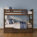 Solid wood bunk bed with blue and white quilts and pillows, built-in ladder and under-bed storage drawers on hardwood floor