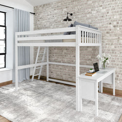 White loft bed with ladder and desk in modern bedroom featuring exposed brick wall and gray carpet.