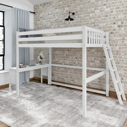 White loft bed with integrated desk and ladder in a modern bedroom with brick wall and large window.