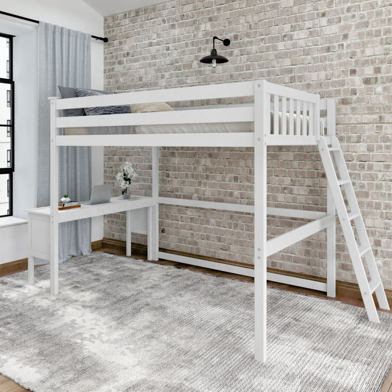 White loft bed with integrated desk and ladder in a modern bedroom with brick wall and large window.