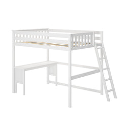 White wooden loft bed with ladder and integrated desk for space-saving bedroom design.