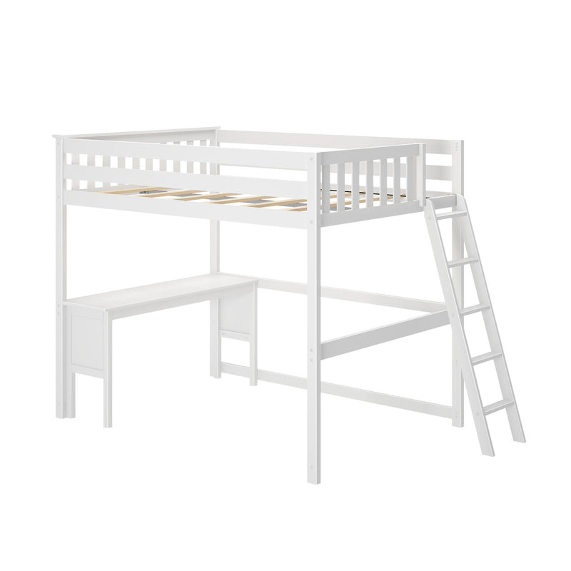 White wooden loft bed with ladder and integrated desk for space-saving bedroom design.