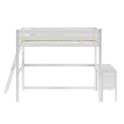 White loft bed with built-in ladder and desk for kids' room.