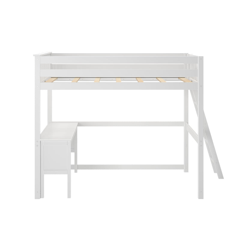 White wooden loft bed with integrated desk and ladder for space-saving bedroom furniture.