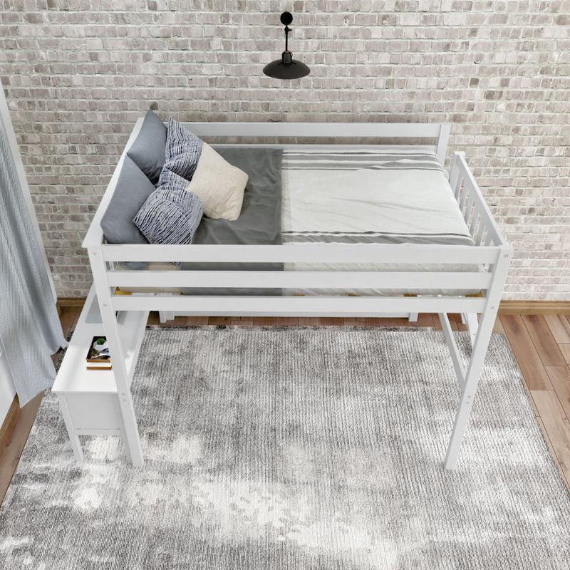 White loft bed with ladder in modern bedroom featuring brick wall and gray rug.