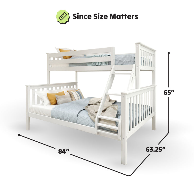 White wooden twin over full bunk bed with ladder and dimensions, 84" length, 65" height, 63.25" width.