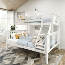 White wooden bunk bed with blue and yellow bedding in a bright, modern bedroom.