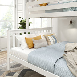 Cozy bedroom with white bunk bed, stylish pillows, and natural light.