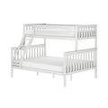 White wooden loft bunk bed with ladder and slatted guardrails, minimalist children's bedroom furniture