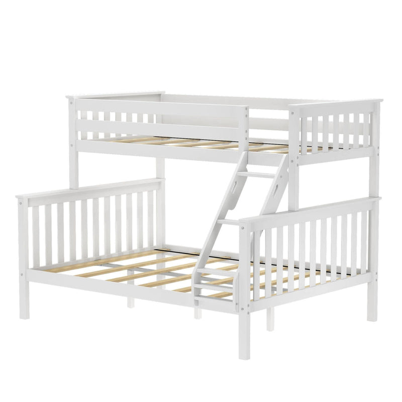 White wooden twin over full bunk bed with integrated ladder.