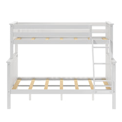 White wooden bunk bed frame with ladder, twin over full size for kids' room.