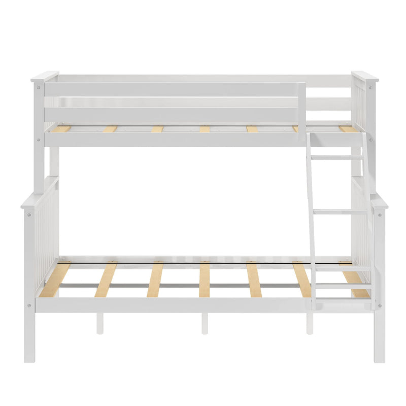White wooden bunk bed frame with ladder, twin over full size for kids' room.