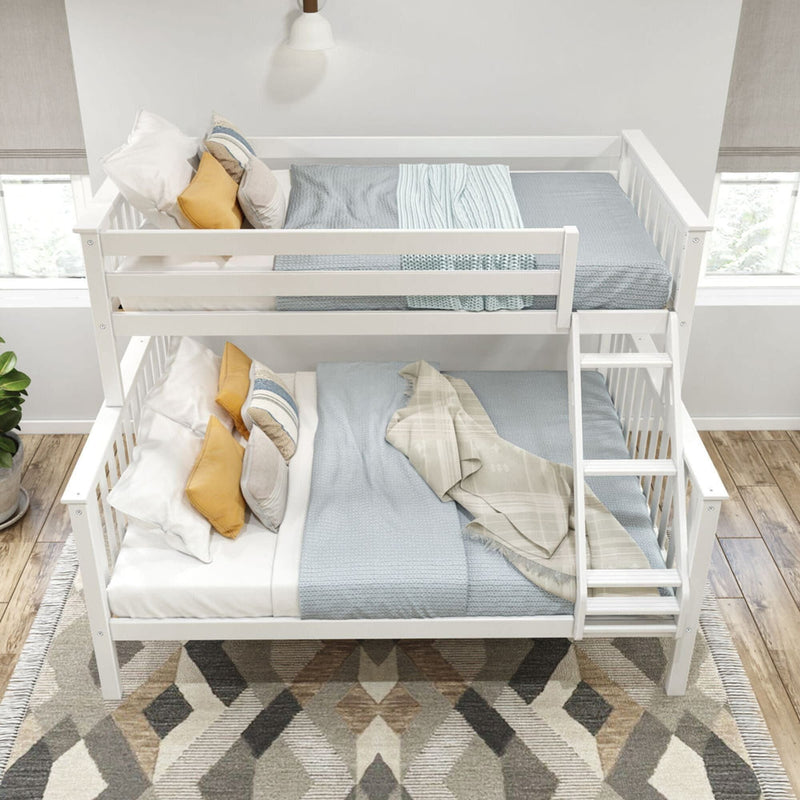 Modern white wooden bunk bed with blue bedding and decorative pillows in a cozy bedroom setting.