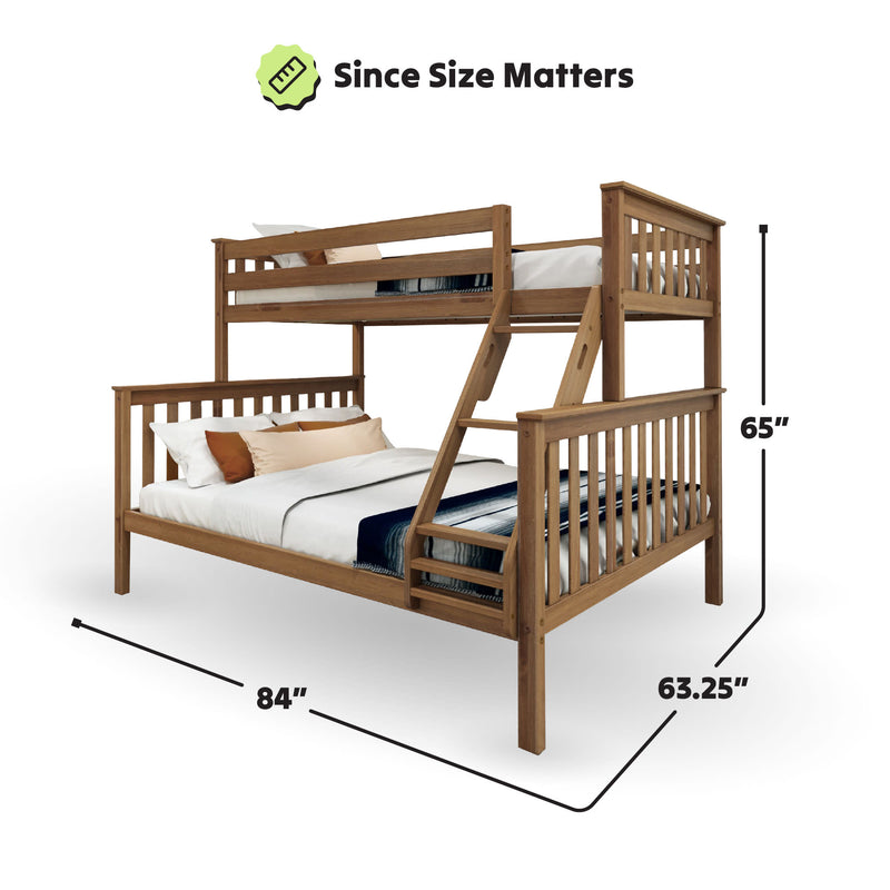 Wooden twin-over-full bunk bed with dimensions 84 inches long, 63.25 inches wide, and 65 inches high, featuring a sturdy ladder and slatted design.