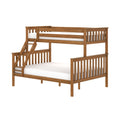 Solid oak twin-over-full wooden bunk bed with ladder and slatted safety rails, natural wood finish and white mattresses — sturdy children's loft bed for small bedrooms