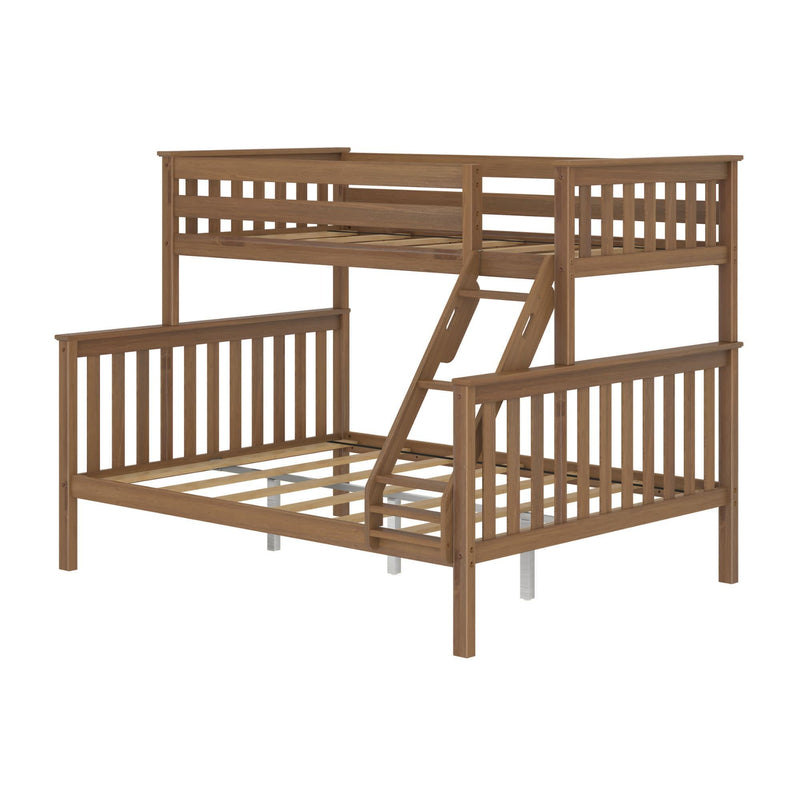 Wooden loft bed with ladder and railing for modern bedrooms.