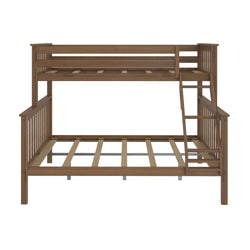 Wooden bunk bed frame with ladder, front view, optimized for space-saving bedroom furniture.