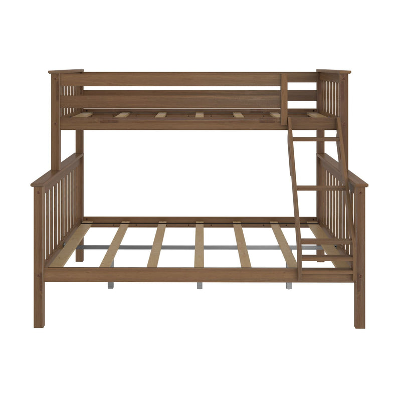 Wooden bunk bed frame with ladder, front view, optimized for space-saving bedroom furniture.