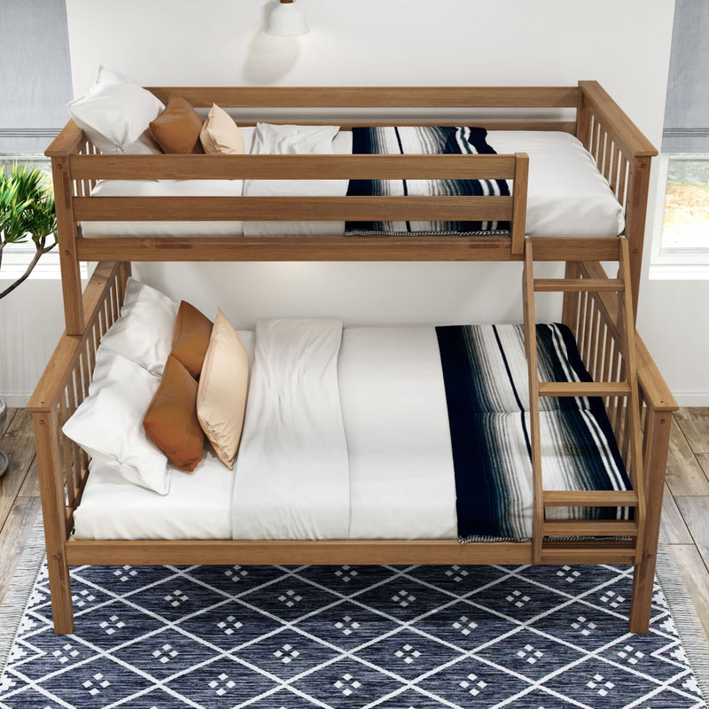 Wooden bunk bed with white and striped bedding in a modern bedroom.