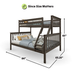 Rustic wooden bunk bed with dimensions 84 inches long, 63.25 inches wide, and 65 inches high, featuring a sturdy design with a ladder, fitting for small bedrooms.