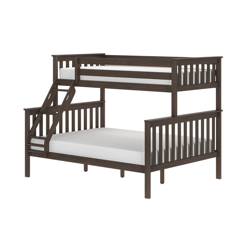 Twin-over-full dark walnut solid-wood loft bunk bed with angled staircase, slatted guardrails and space-saving kids' bedroom