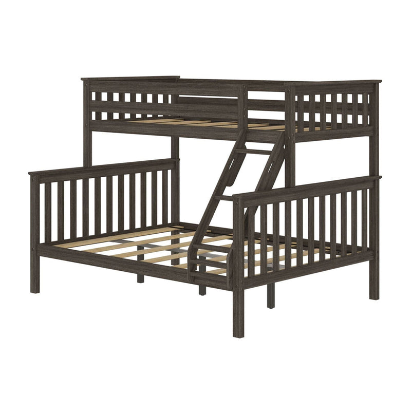Wooden twin over full bunk bed with ladder in dark finish.
