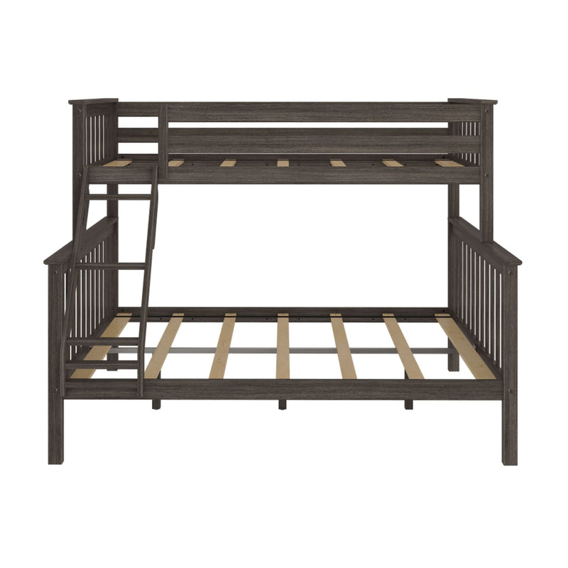 Dark brown wooden bunk bed frame with ladder, designed for space-saving in kids’ bedrooms.