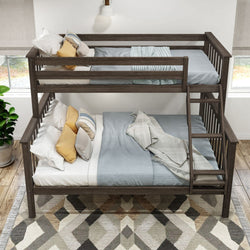 Wooden bunk bed with gray bedding and pillows in a modern bedroom setting.