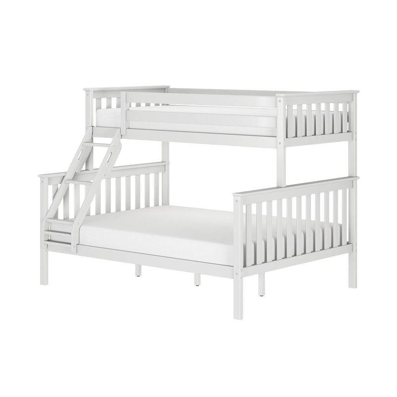 White wooden loft-style bunk bed with ladder, safety guardrails, slatted headboard panels and mattress, modern kids bedroom furniture