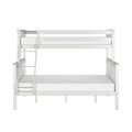 White wooden bunk bed with ladder and guardrails, twin-over-full loft-style solid wood frame with slatted headboards for kids' bedroom