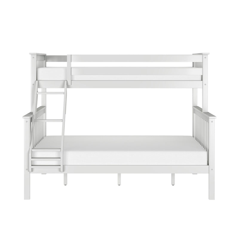 White wooden bunk bed with ladder and guardrails, twin-over-full loft-style solid wood frame with slatted headboards for kids' bedroom