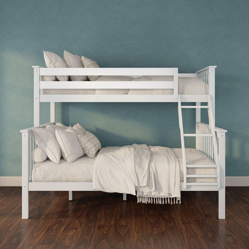 White wooden bunk bed with ladder, cream bedding and pillows against teal textured wall on dark hardwood floor