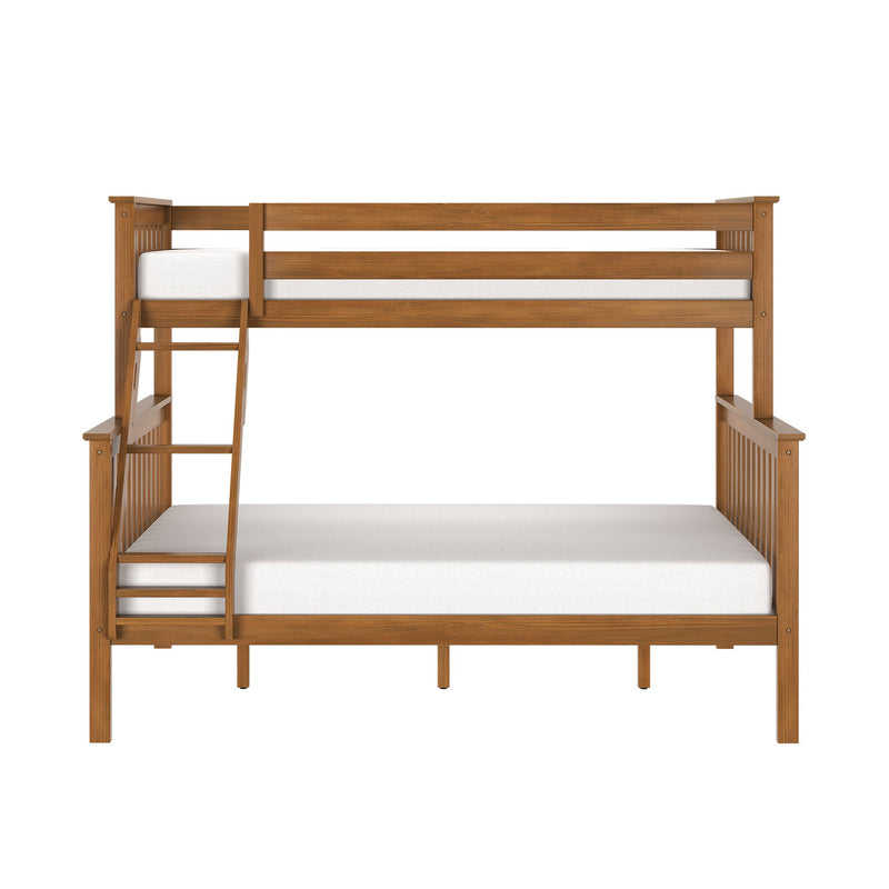 Twin-over-full solid oak wood bunk bed with ladder and slatted rails in natural finish and white mattresses, modern kids bedroom
