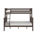 Dark brown solid-wood twin-over-full bunk bed with safety rails and angled ladder, space-saving kids loft bed with white mattresses