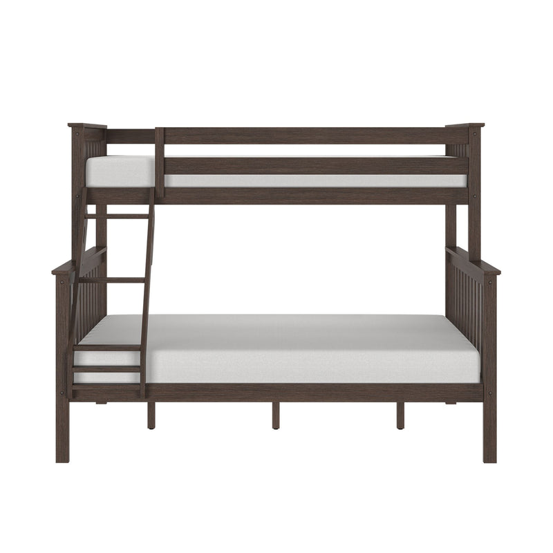 Dark brown solid-wood twin-over-full bunk bed with safety rails and angled ladder, space-saving kids loft bed with white mattresses