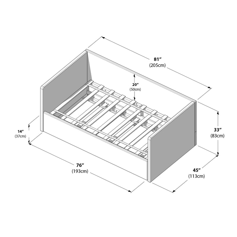 Slatted platform bed frame assembly diagram with headboard, footboard and annotated dimensions in inches and centimeters
