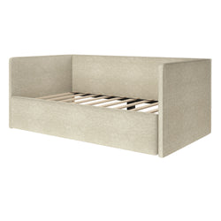 Beige upholstered platform bed with high padded headboard and side panels, wooden slat support, modern fabric daybed