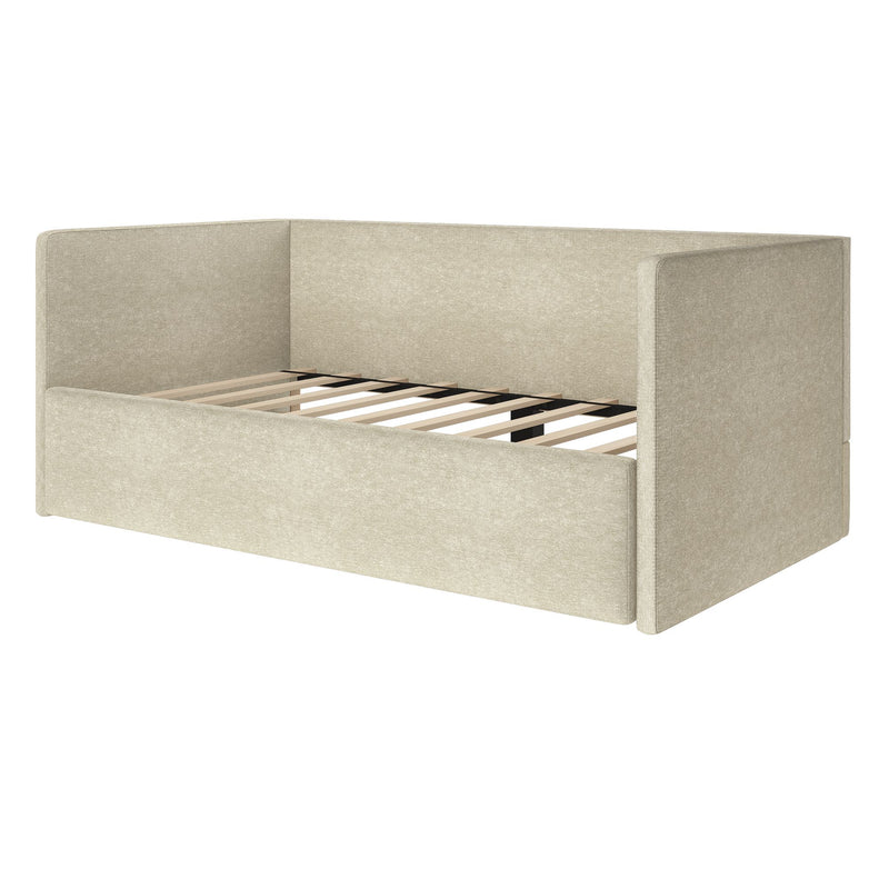 Beige upholstered platform bed with high padded headboard and side panels, wooden slat support, modern fabric daybed