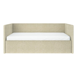 Beige upholstered daybed with high wraparound headboard and white mattress, modern fabric platform bed
