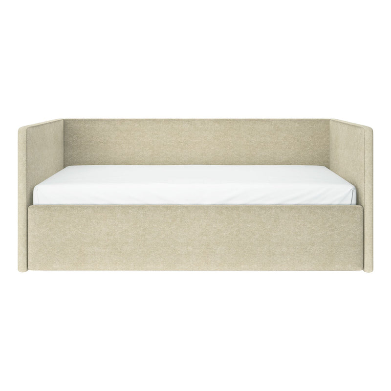 Beige upholstered daybed with high wraparound headboard and white mattress, modern fabric platform bed