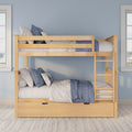 Natural wood bunk bed with ladder and under-bed storage, styled with blue and white quilted bedding and pillows against a light-blue bedroom wall and windows