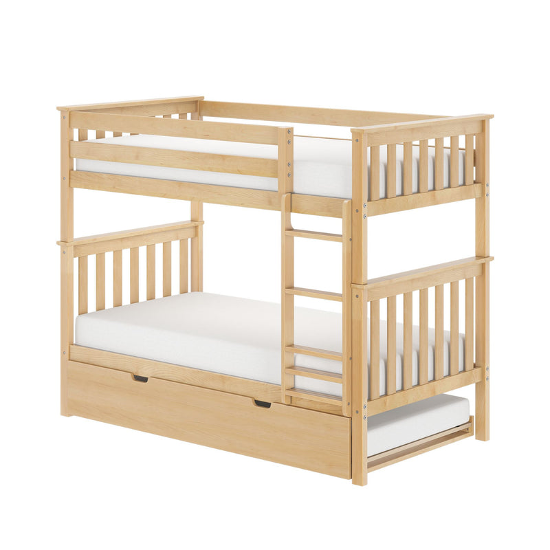 Natural wood twin-over-full bunk bed with ladder, slatted guard rails and under-bed storage drawer